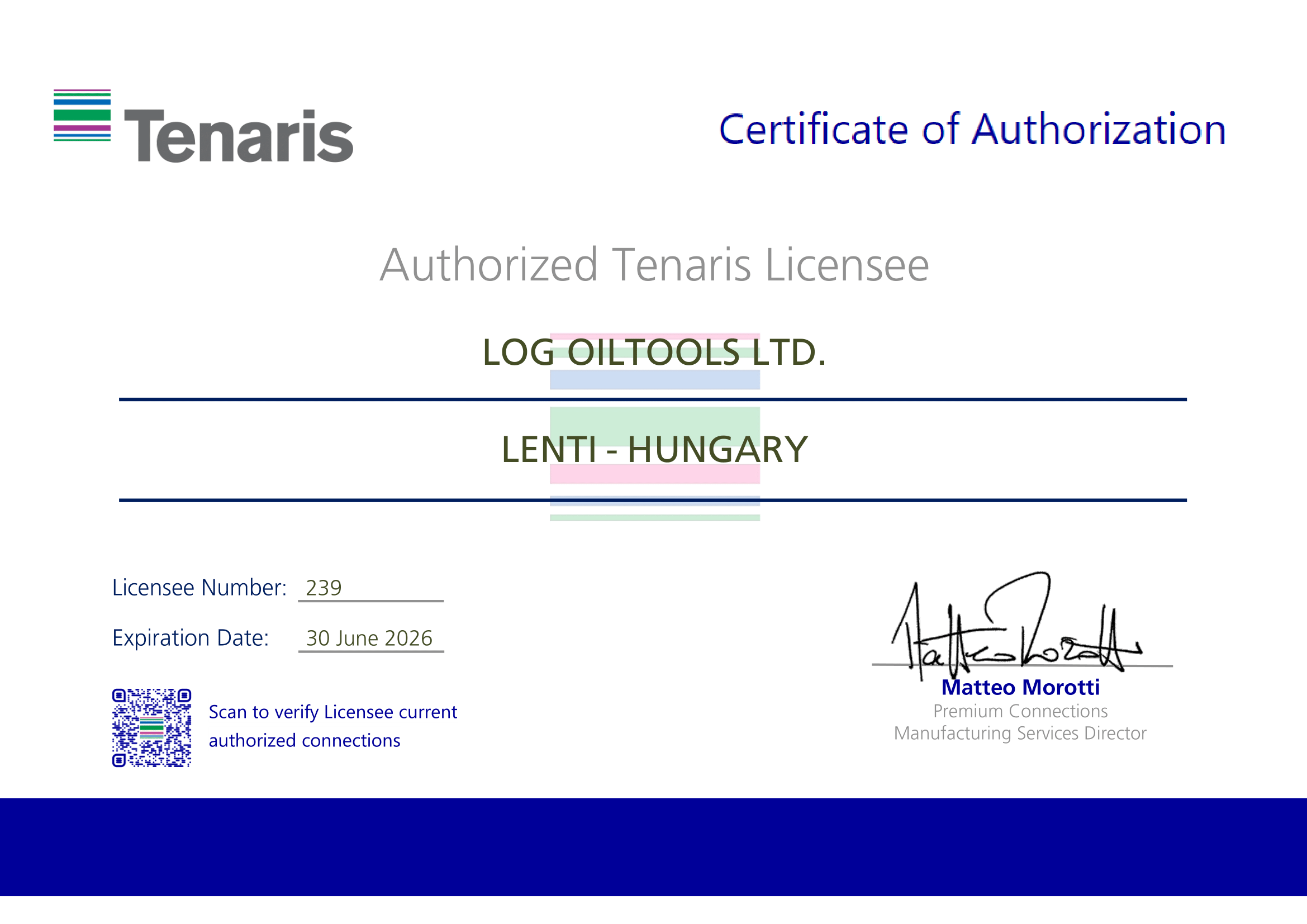 Tenaris Log OilTools Certificate